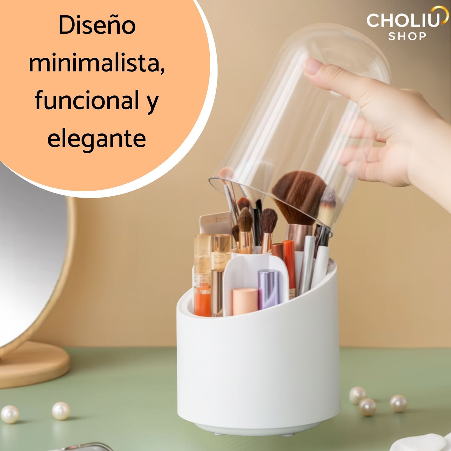 Organizador de Maquillaje 360° con Tapa Transparente – Diseño Giratorio, Moderno y Elegante