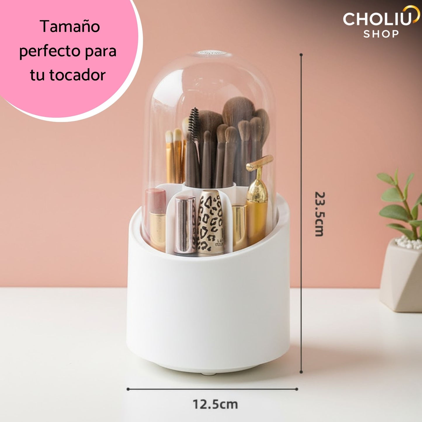 Organizador de Maquillaje 360° con Tapa Transparente – Diseño Giratorio, Moderno y Elegante