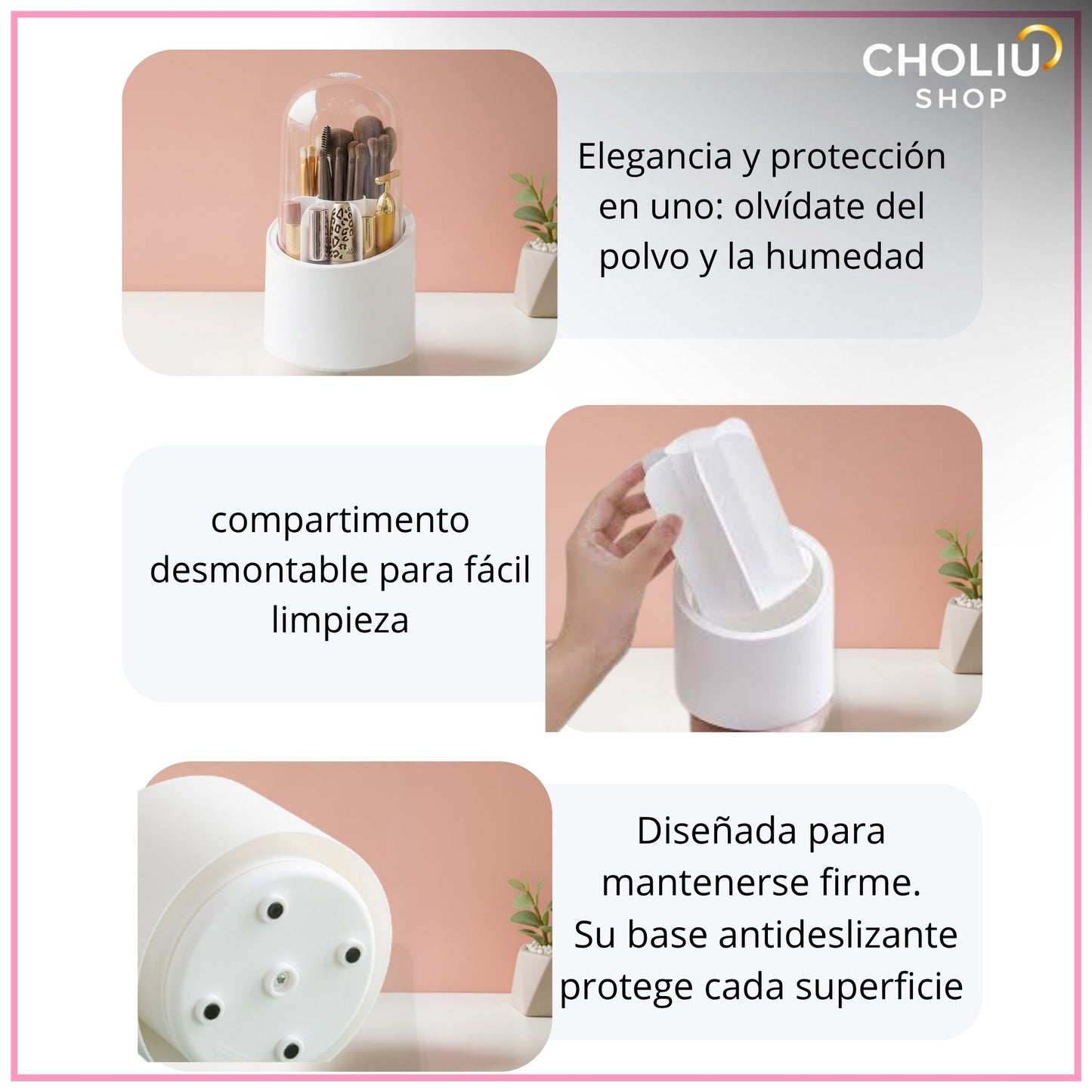 Organizador de Maquillaje 360° con Tapa Transparente – Diseño Giratorio, Moderno y Elegante